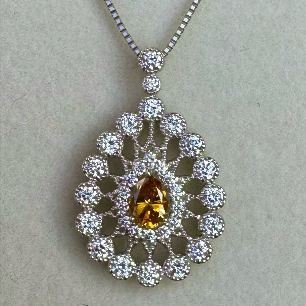 Estate natural Yellow & White Diamond Pendant set in Platinum,Platinum Necklace.